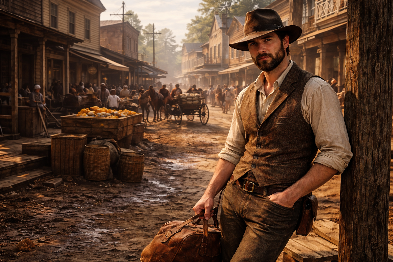 Cowboys in einer staubigen Western-Stadt